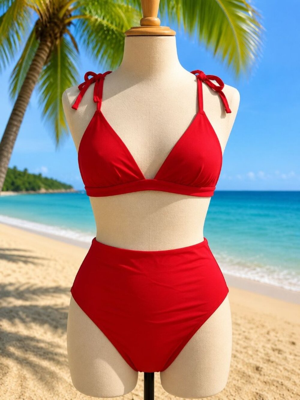 Shade & Shore XL 16 Red High Waist Bikini Set With Tie Straps NEW